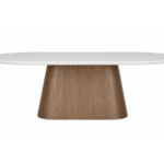 SOFT OVAL WHITE TABLE WITH WIDE WOOD PEDESTAL