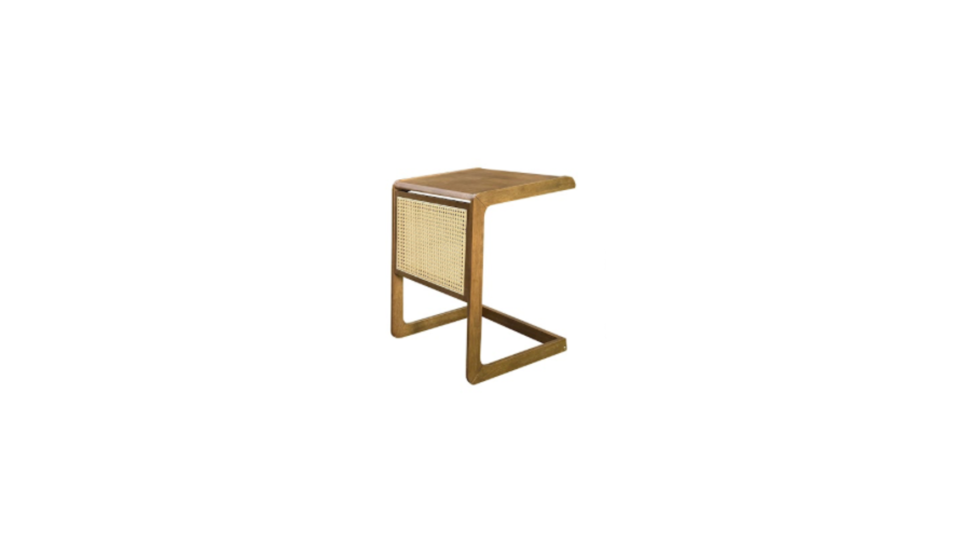 10 MID-CENTURY WOODEN C-SHAPED SIDE TABLE WITH WOVEN CANE ACCENT - Image 1