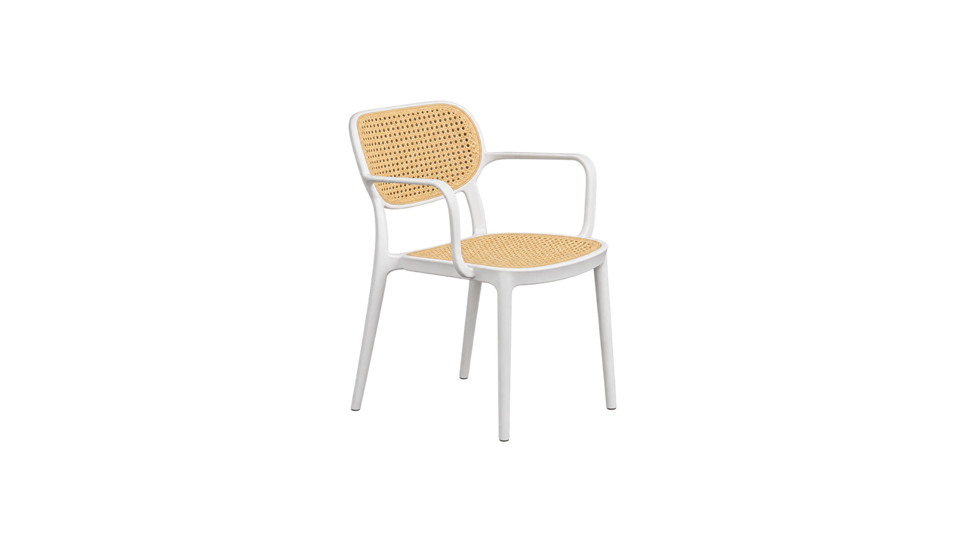 4 SCANDINAVIAN WHITE ARMCHAIR WITH WOVEN RATTAN SEAT & BACK - Image 1