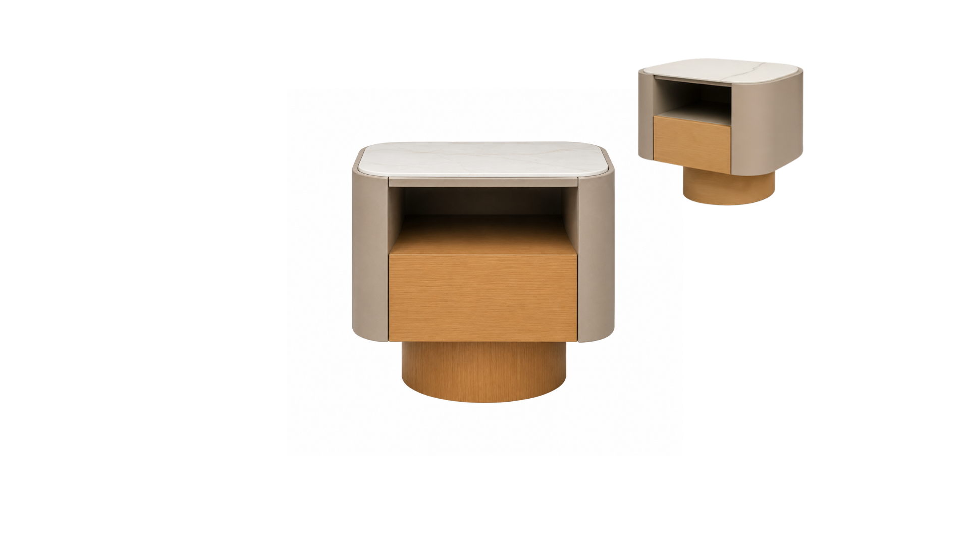 6 ROUNDED PEDESTAL BEDSIDE TABLE WITH FAUX MARBLE TOP - Image 1