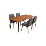 Warm Timber Dining Table with Grey Textured Bouclé Chairs