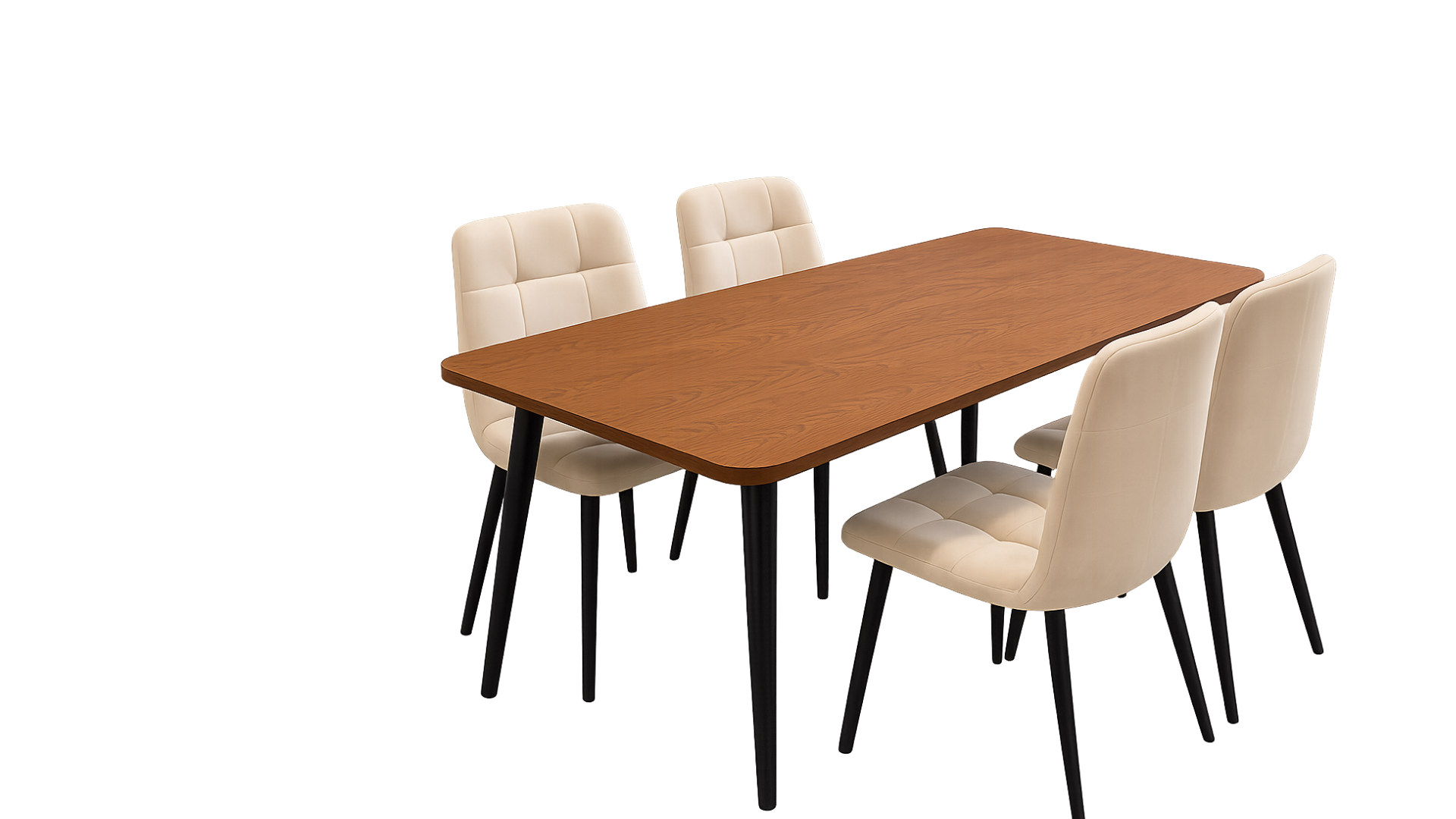 8 NORDIC TAPERED-LEG WOODEN TABLE WITH CREAM CHAIRS - Image 1