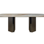 MODERN EARTH-TONE SINTERED STONE TABLE WITH SCULPTURAL DARK LEGS