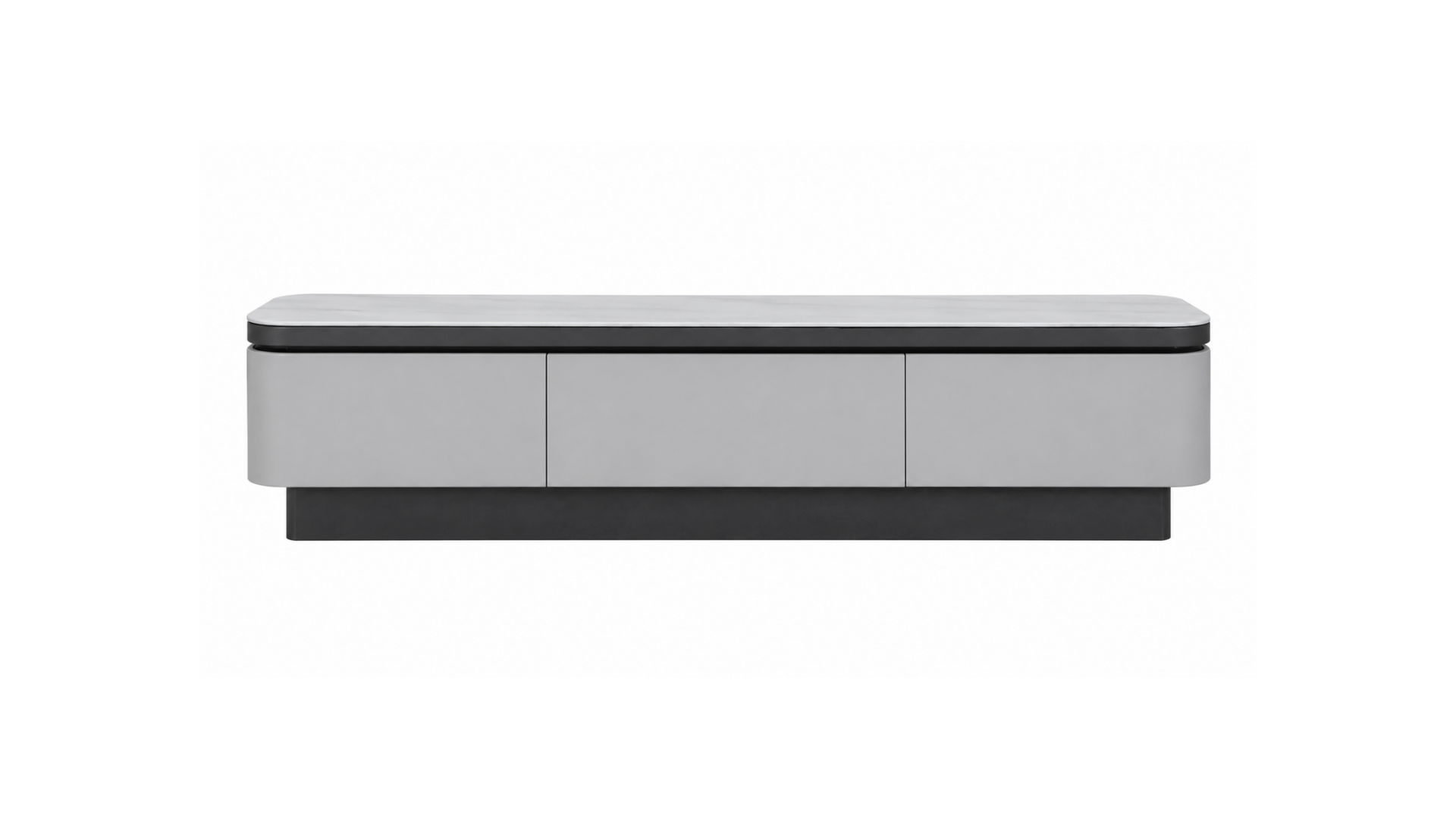 9 ARCHITECTURAL GREIGE MEDIA UNIT WITH FAUX MARBLE TOP & BLACK BASE - Image 1