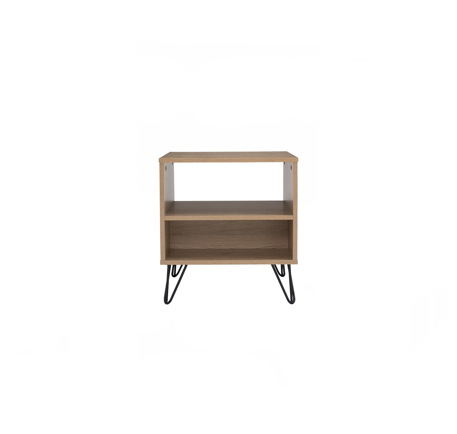 BR-BS-000047-Oak MID-CENTURY TWO-TIER WOODEN SIDE TABLE WITH METAL HAIRPIN LEGS - Image 1